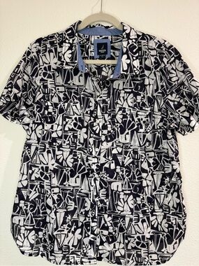 Nautica Black & White Printed Women Button-Down Shirt with Blue Trim